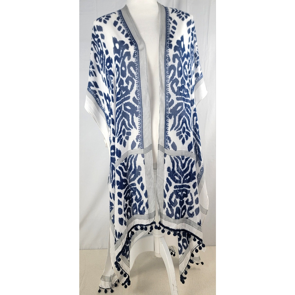 Breezy Lane Blue White Kimono Boho Resort Beach Cover Up Tassel OS